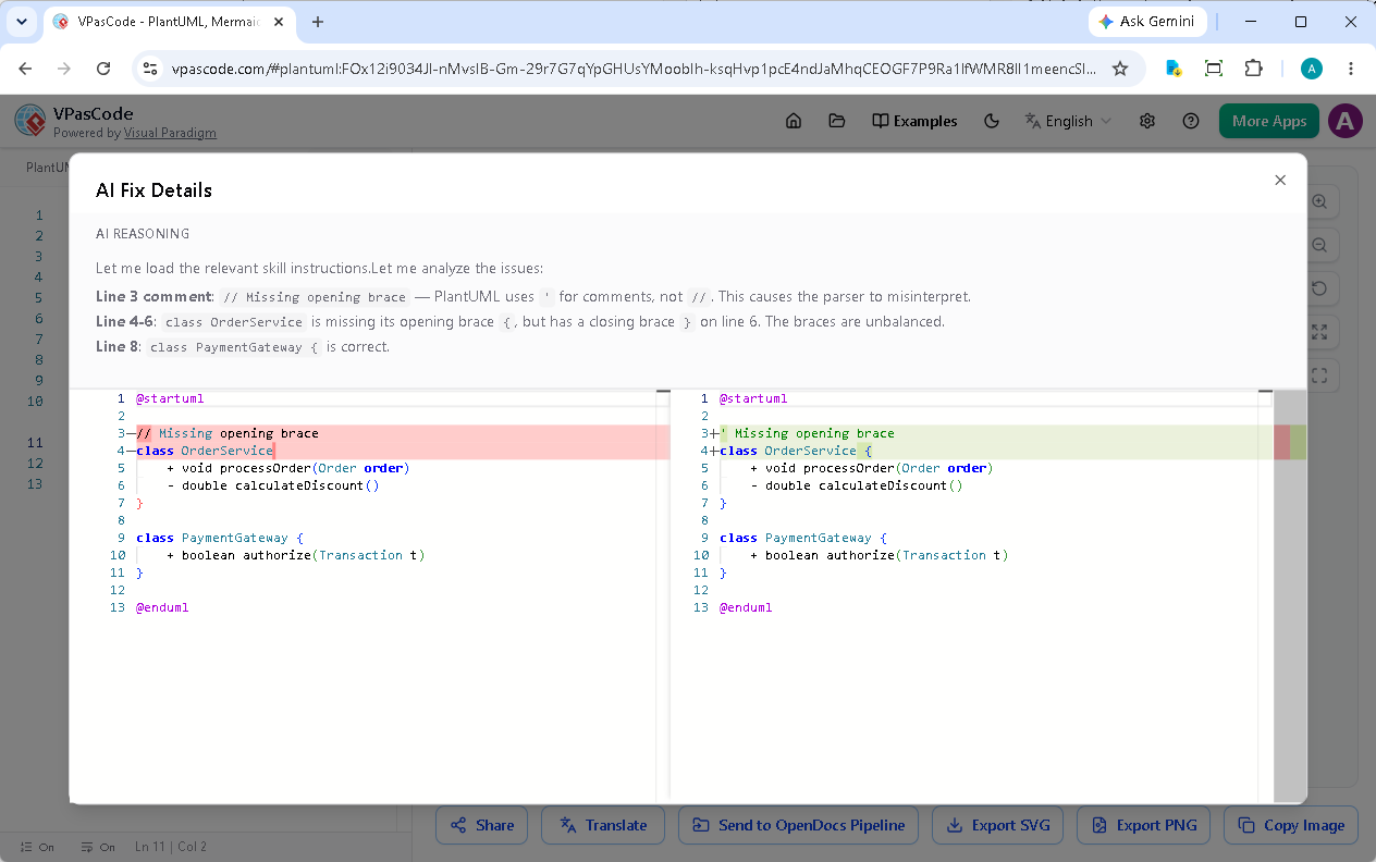 AI error fixing explanation in VPasCode diagram-as-code tool