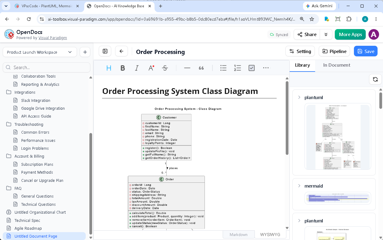 Embedding UML class diagrams into OpenDocs using VPasCode text to diagram platform