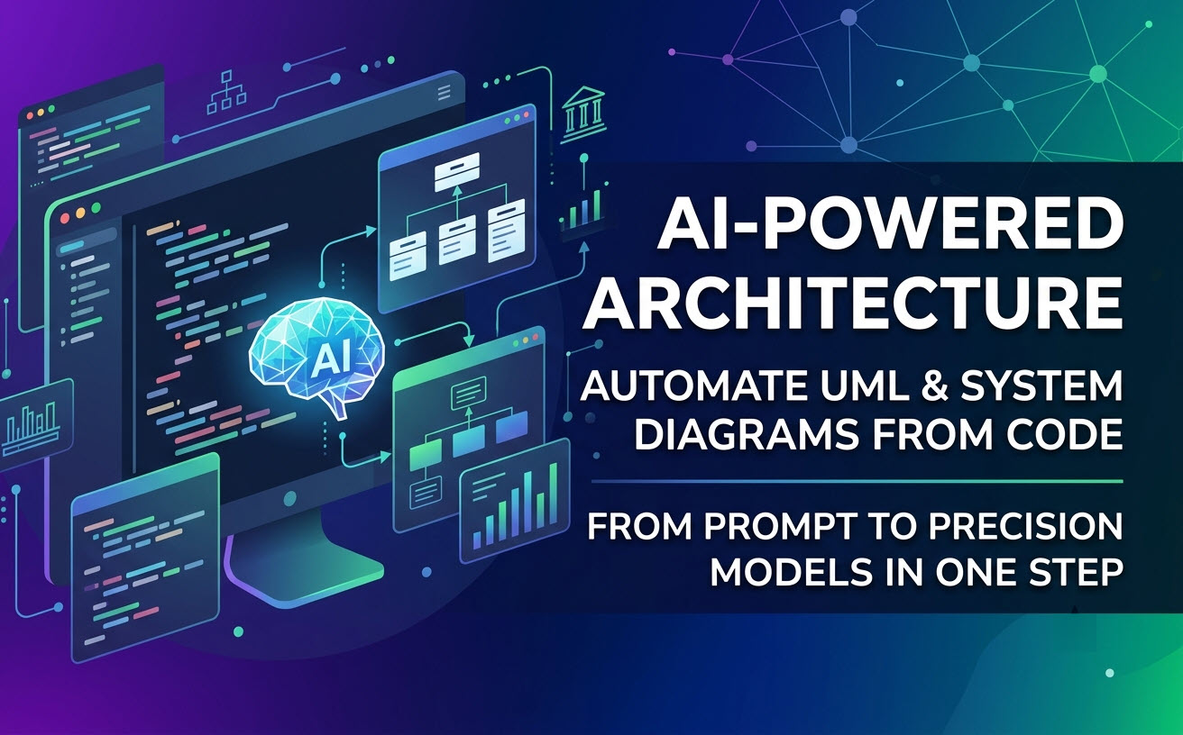 An image with a dark-themed tech interface aesthetic. Simplified code blocks on the left connect automatically to generate clean UML diagrams and data visualizations. A blue and white multi-faceted brain icon representing AI interacts with the development workflow. Integrated text reads: "AI-POWERED ARCHITECTURE" as the main title, "AUTOMATE UML & SYSTEM DIAGRAMS FROM CODE" as the subtitle, and "FROM PROMPT TO PRECISION MODELS IN ONE STEP" as the final tagline. No brand logos.