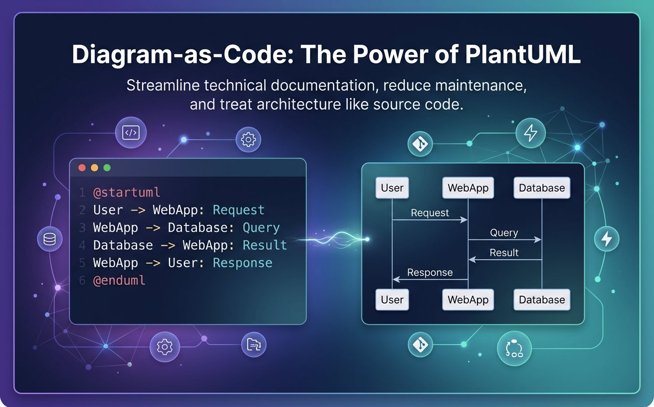 Diagram-as-code concept hero banner showing PlantUML script transformation into a clean sequence diagram for technical documentation