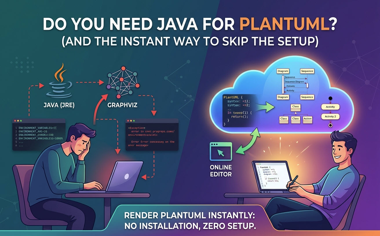 A sleek, futuristic hero banner illustrating the comparison between running PlantUML locally with complex Java/Graphviz requirements versus instantly rendering online using a cloud-based editor.