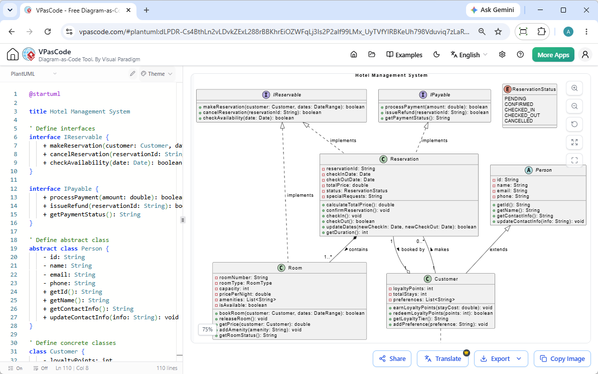 The UI of Visual Paradigm VPasCode showing the editing of a UML class diagram in its PlantUML editor.