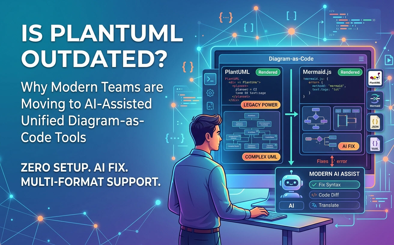 A hero banner graphic for an article, showing a developer at a modern workstation comparing PlantUML (Legacy Power) with AI-assisted unified diagram-as-code tools (Mermaid, AI Fix), titled: IS PLANTUML OUTDATED? Why Modern Teams are Moving to AI-Assisted Unified Diagram-as-Code Tools. ZERO SETUP. AI FIX. MULTI-FORMAT SUPPORT.