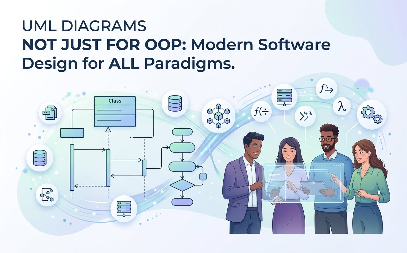 A modern hero banner graphic showing a diverse team of software professionals collaborating with various interconnected UML diagrams, including sequence, class, and activity diagrams. Text at the top states "UML DIAGRAMS: NOT JUST FOR OOP: Modern Software Design for ALL Paradigms." Floating icons symbolize different concepts like microservices, databases, and functional programming, illustrating UML's broad applicability.