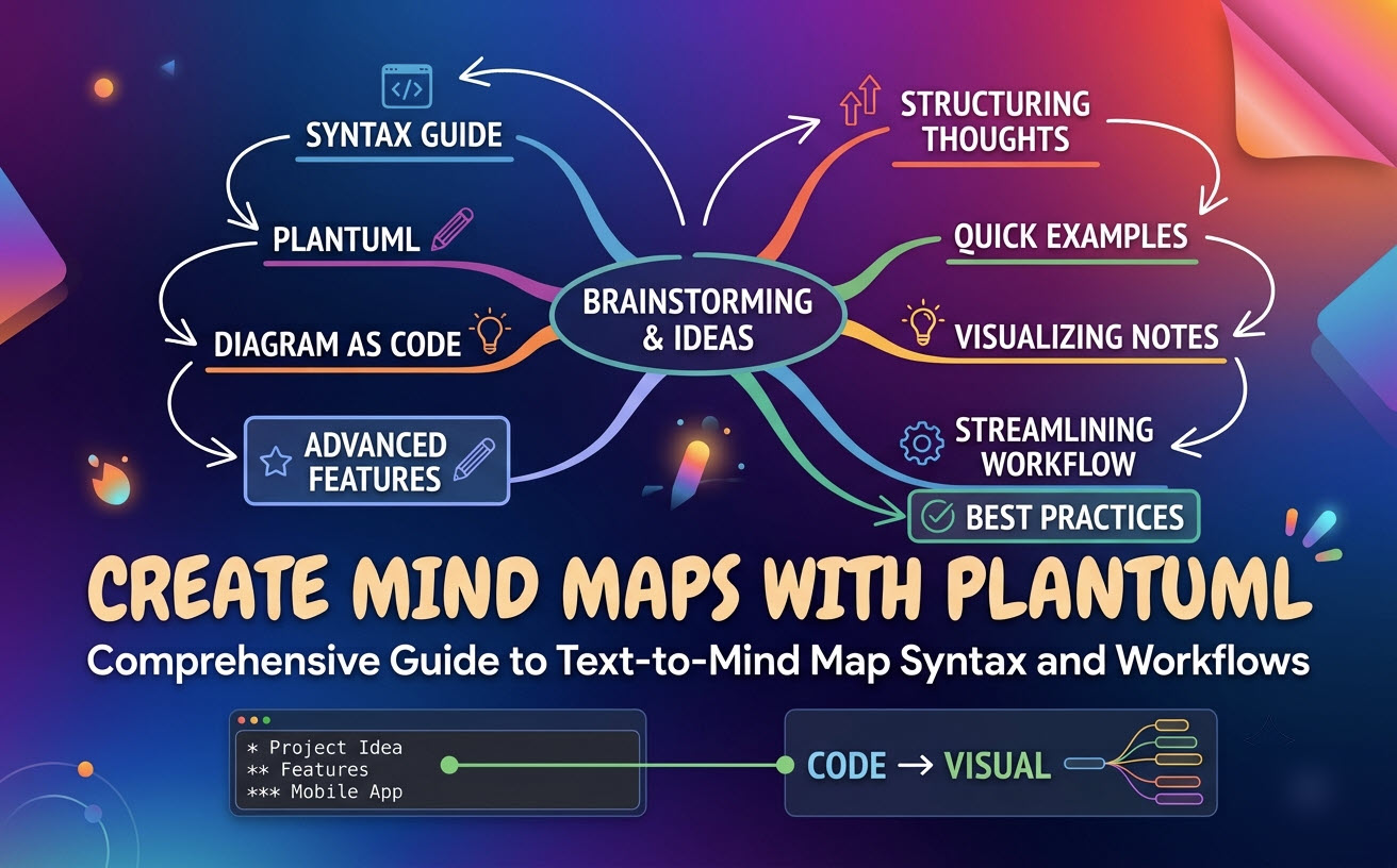 A colorful graphic illustrating a branching mind map that guides users on creating diagrams using PlantUML syntax. The text includes a main title 'CREATE MIND MAPS WITH PLANTUML' and a sub-title 'Comprehensive Guide to Text-to-Mind Map Syntax and Workflows,' showing the transformation from code to a visual diagram.