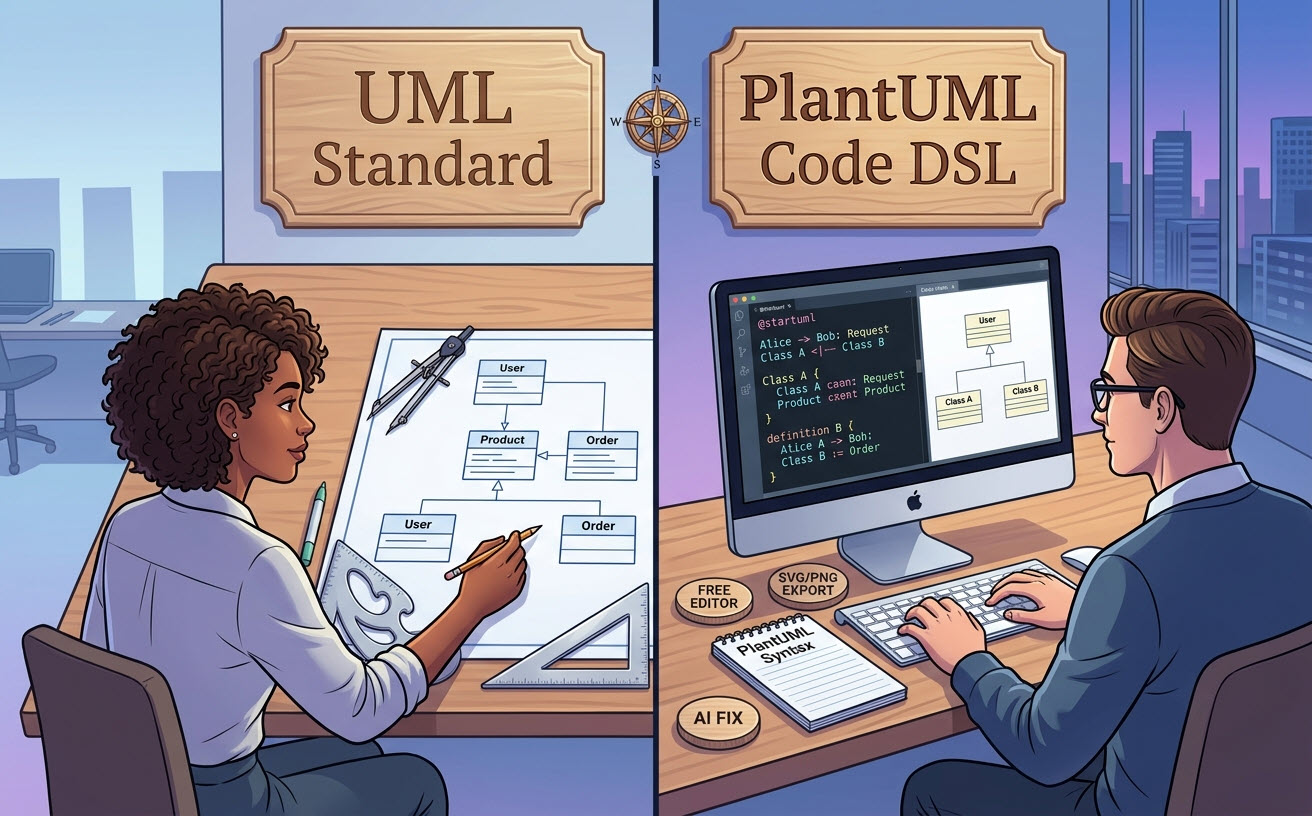 A split-screen hero banner illustration comparing traditional UML drawing on the left with PlantUML code-based diagramming on the right. A compass in the center points between 'UML Standard' and 'PlantUML Code DSL.'