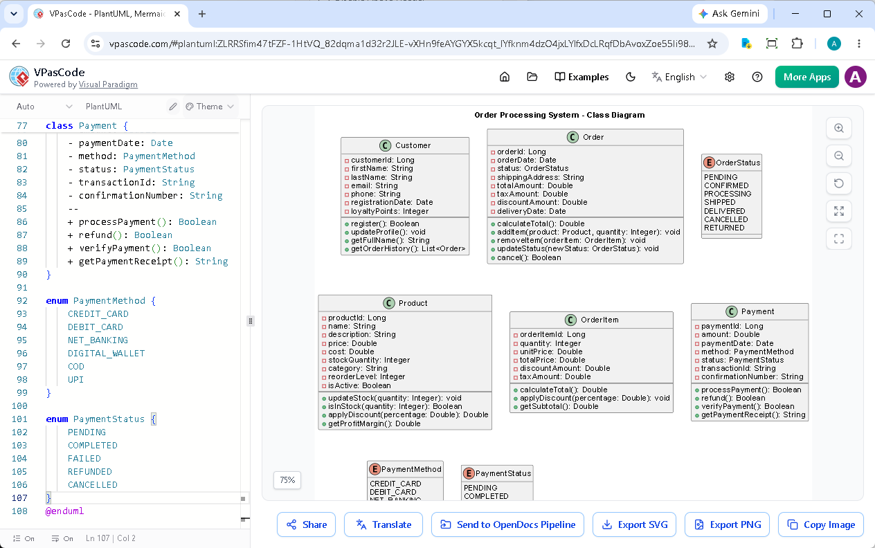 Order and Product relationships modeled using VPasCode diagram-as-code tool