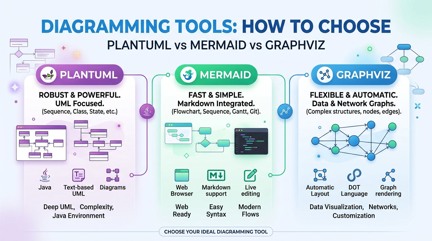 Hero banner illustration comparing diagramming tools PlantUML, Mermaid, and GraphViz with code blocks and visual flowcharts.