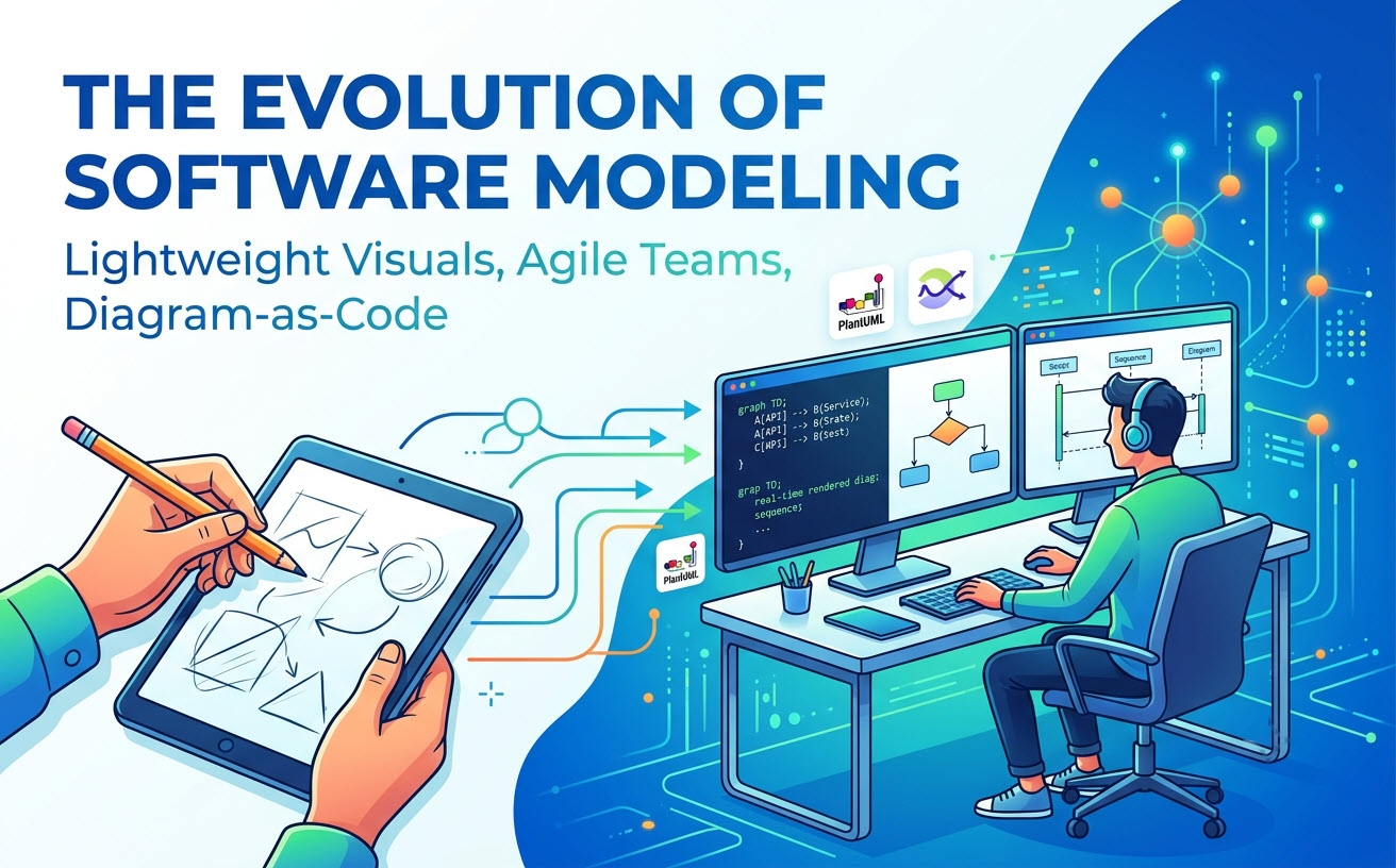 Modern developer workstation illustrating the evolution of software modeling from manual sketches to diagram-as-code workflows.