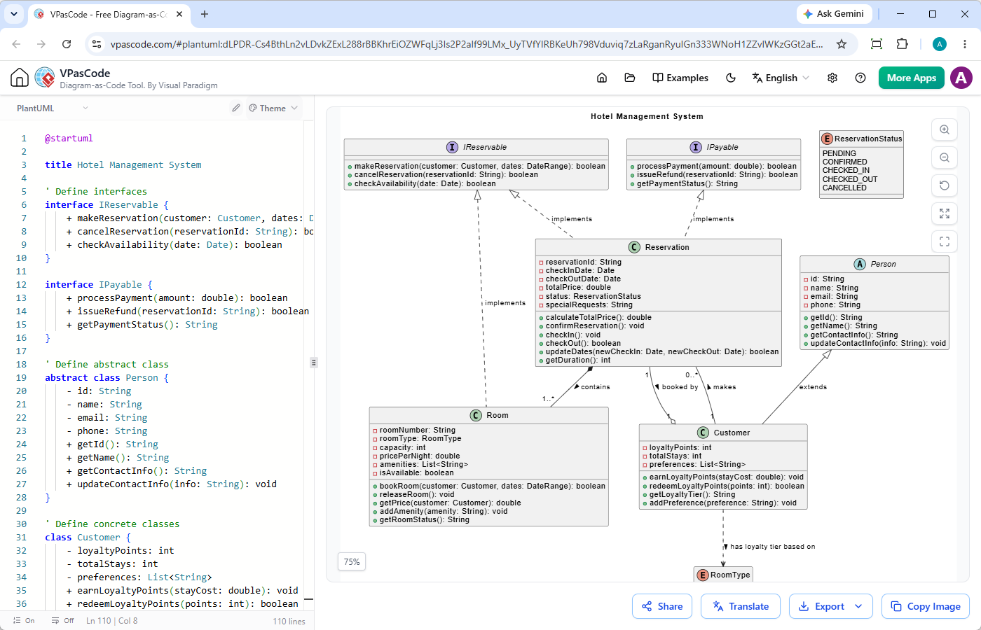 Main UI showing the creating of a Class Diagram using a text to diagram editor - VPasCode