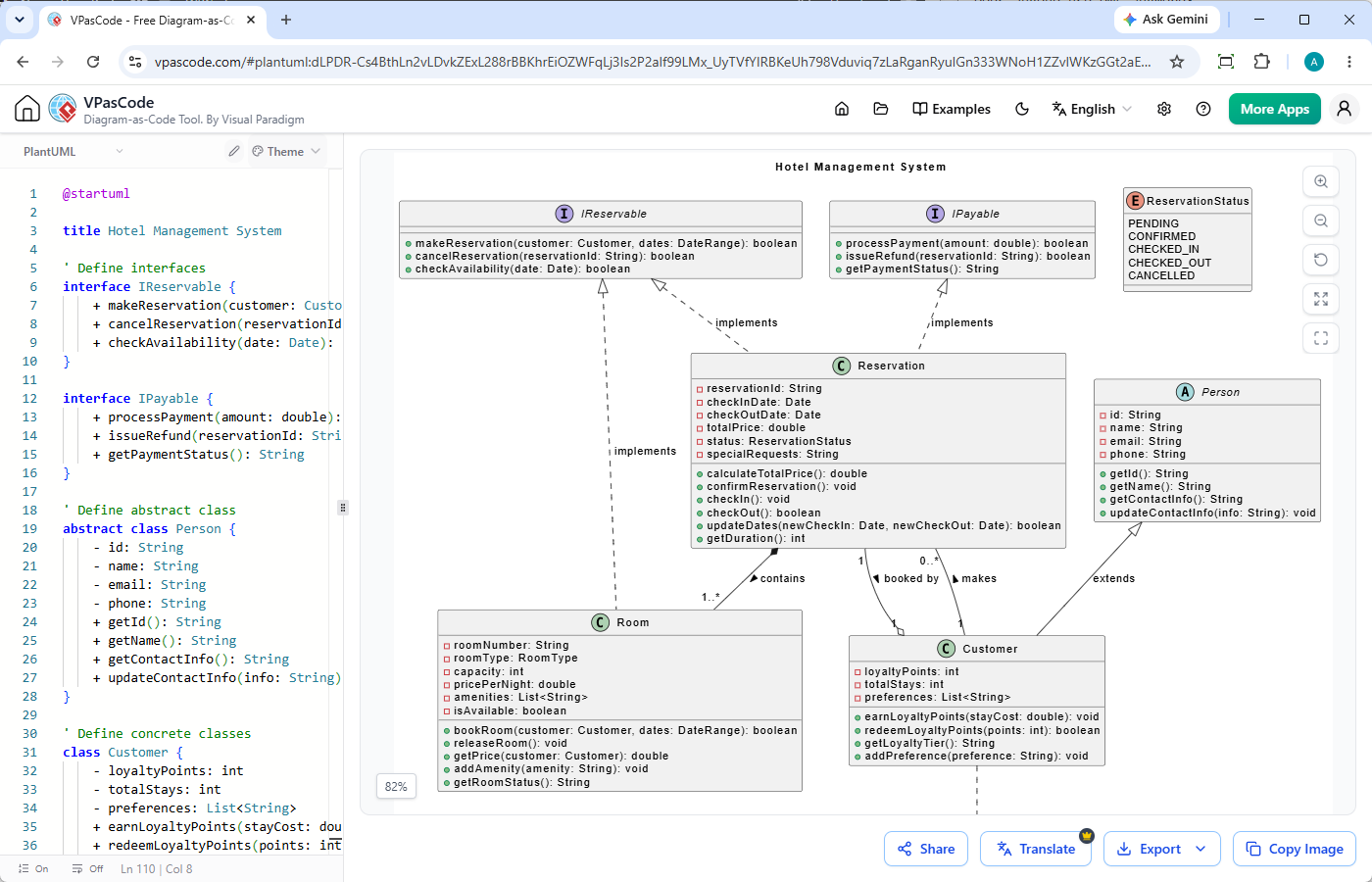 Editing a UML Class Diagram in Visual Paradigm VPasCode's PlantUML editor