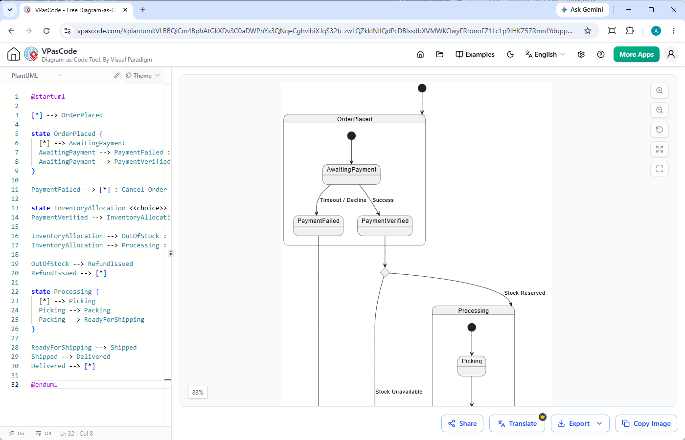 Editing UML state machine diagram with Visual Paradigm's VPasCode diagram as code editor