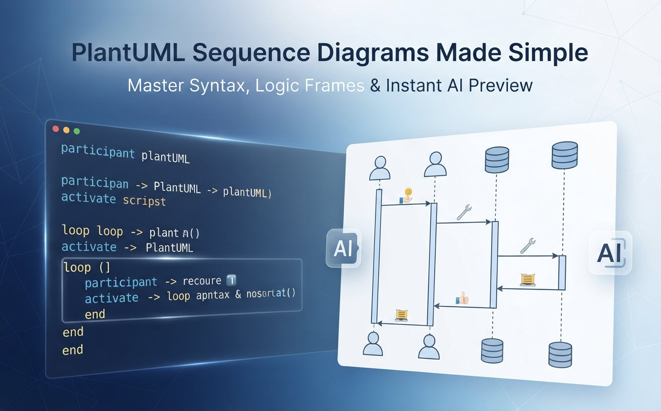 An illustrated banner showing PlantUML code transforming into a visual sequence diagram with AI assistance, titled 'PlantUML Sequence Diagrams Made Simple'.