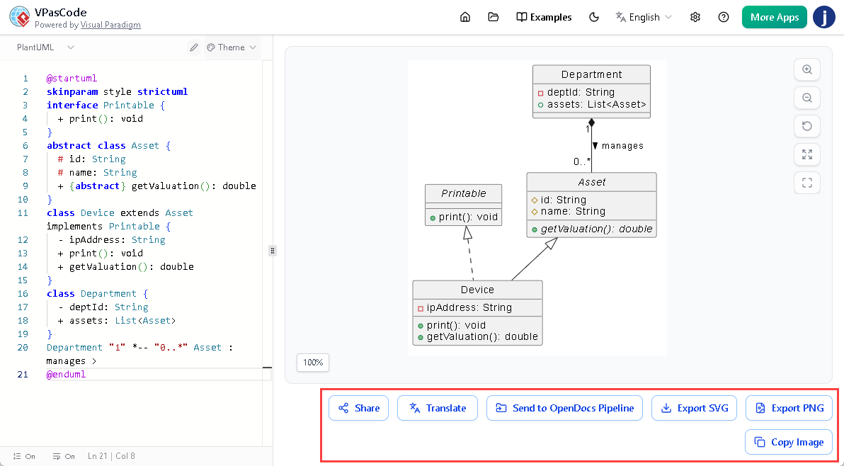 VPasCode text to diagram toolbar showing export options in a diagram-as-code tool
