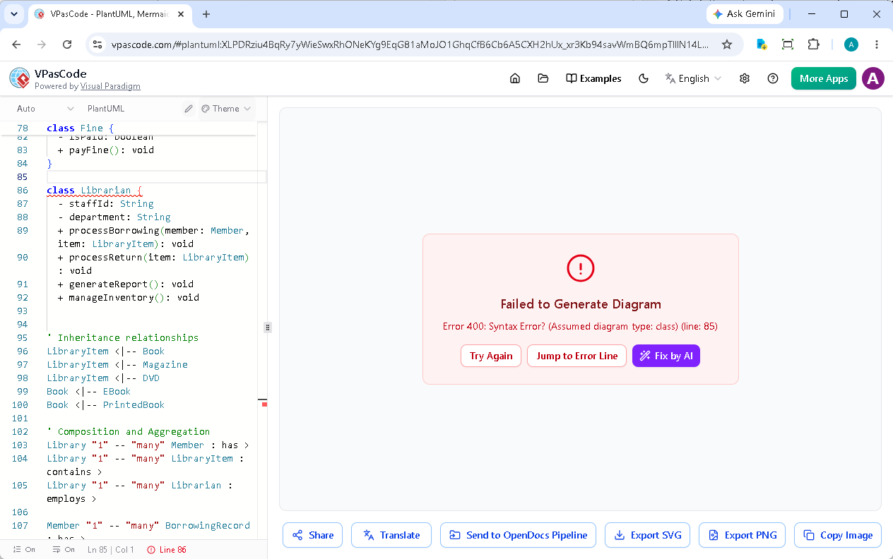 VPasCode diagram-as-code tool interface showing syntax error highlighted in red with Fix by AI button for text to diagram conversion