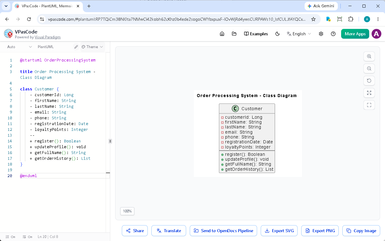 Customer and Address classes created in VPasCode text to diagram platform