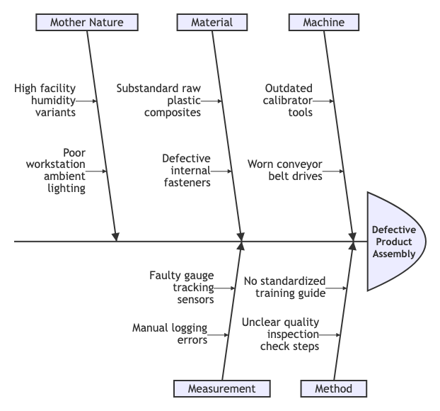 Mermaid Ishikawa cause and effect diagram created in VPasCode diagram-as-code tool