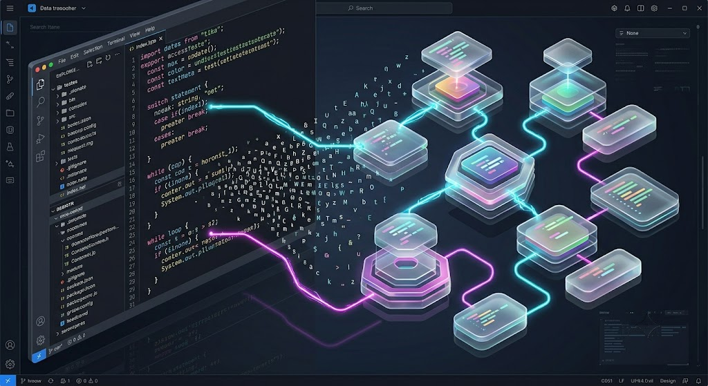 Isometric 3D render of text code lines transforming into a glowing visual flowchart