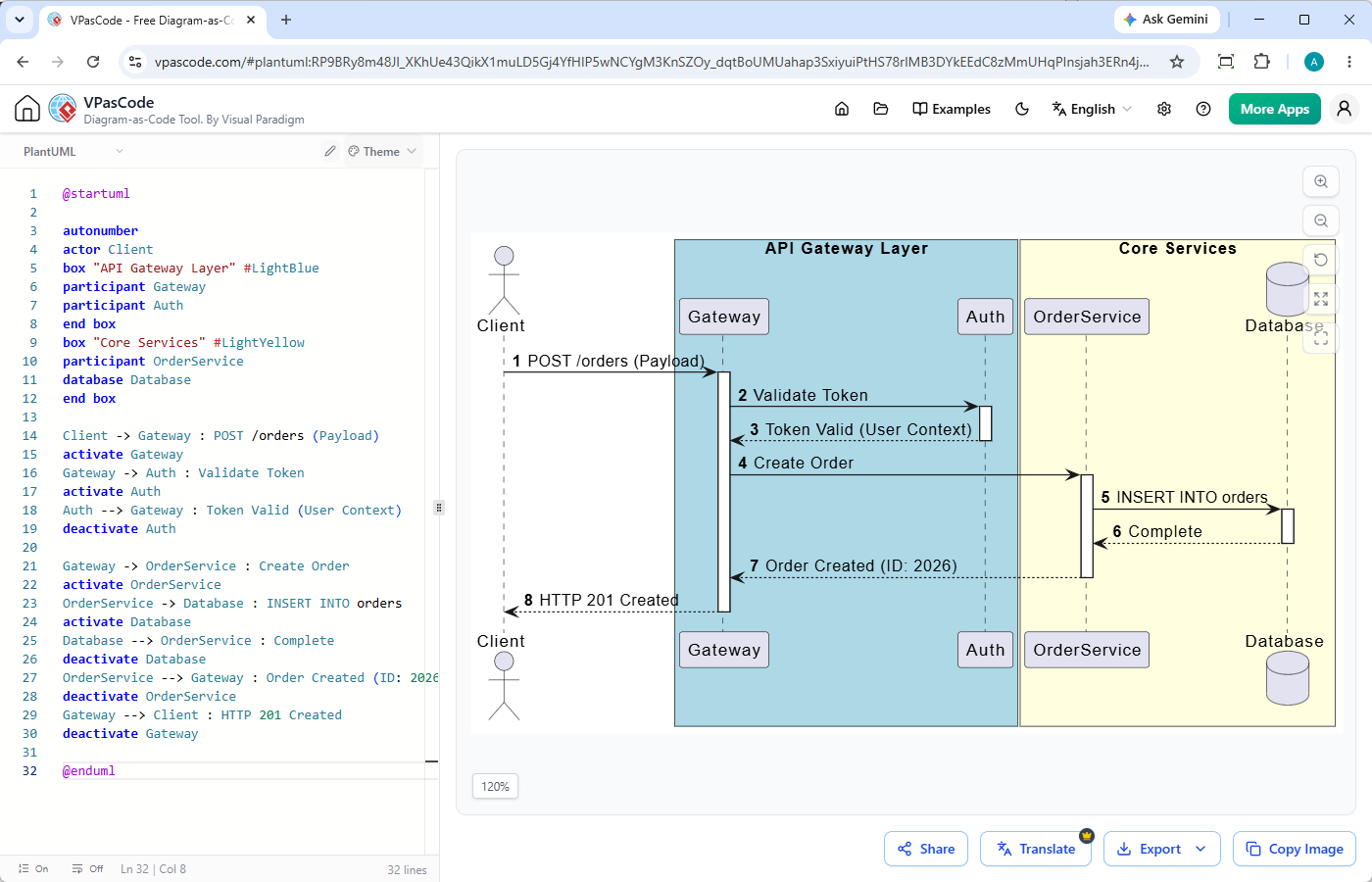 Editing a UML sequence diagram with Visual Paradigm VPasCode's diagram as code editor
