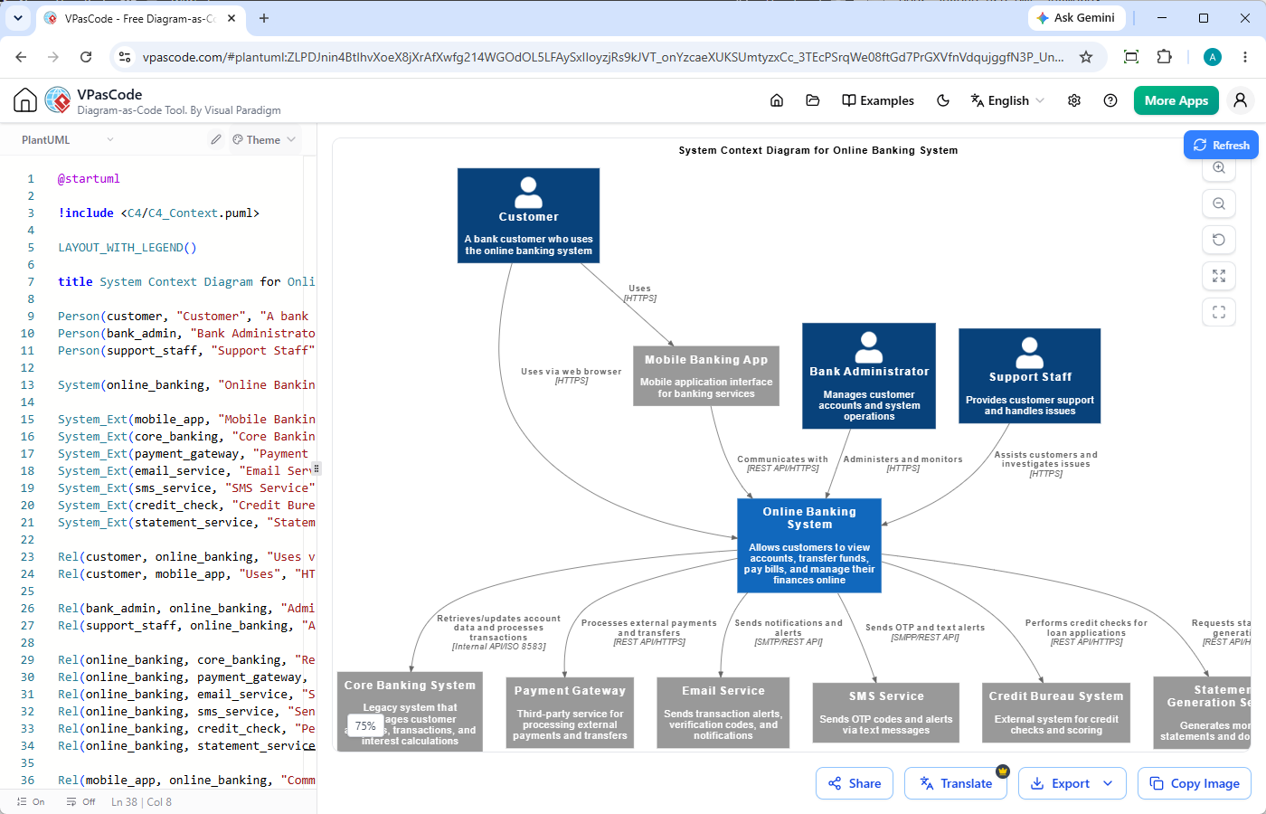 Editing a C4 Context Diagram with VPasCode diagram-as-code tool