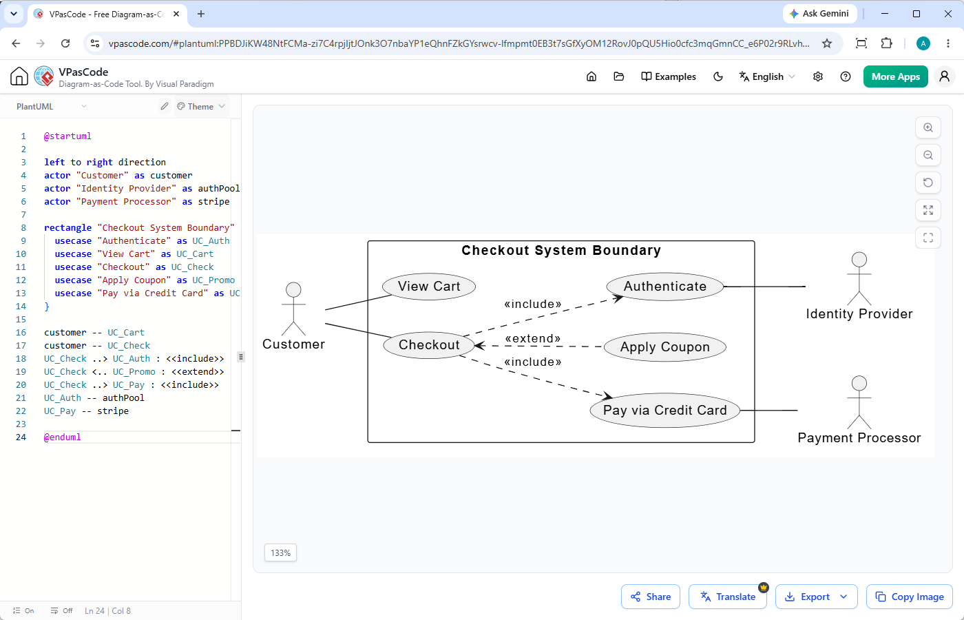 Editing a PlantUML formatted UML Use Case Diagram with Visual Paradigm's VPasCode diagram as code platform.