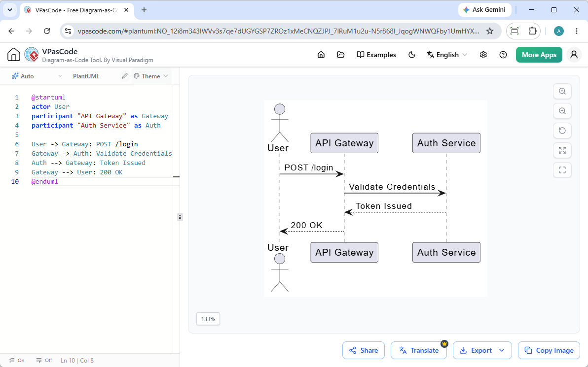 The code of Sequence Diagram being edited in Visual Paradigm's VPasCode editor