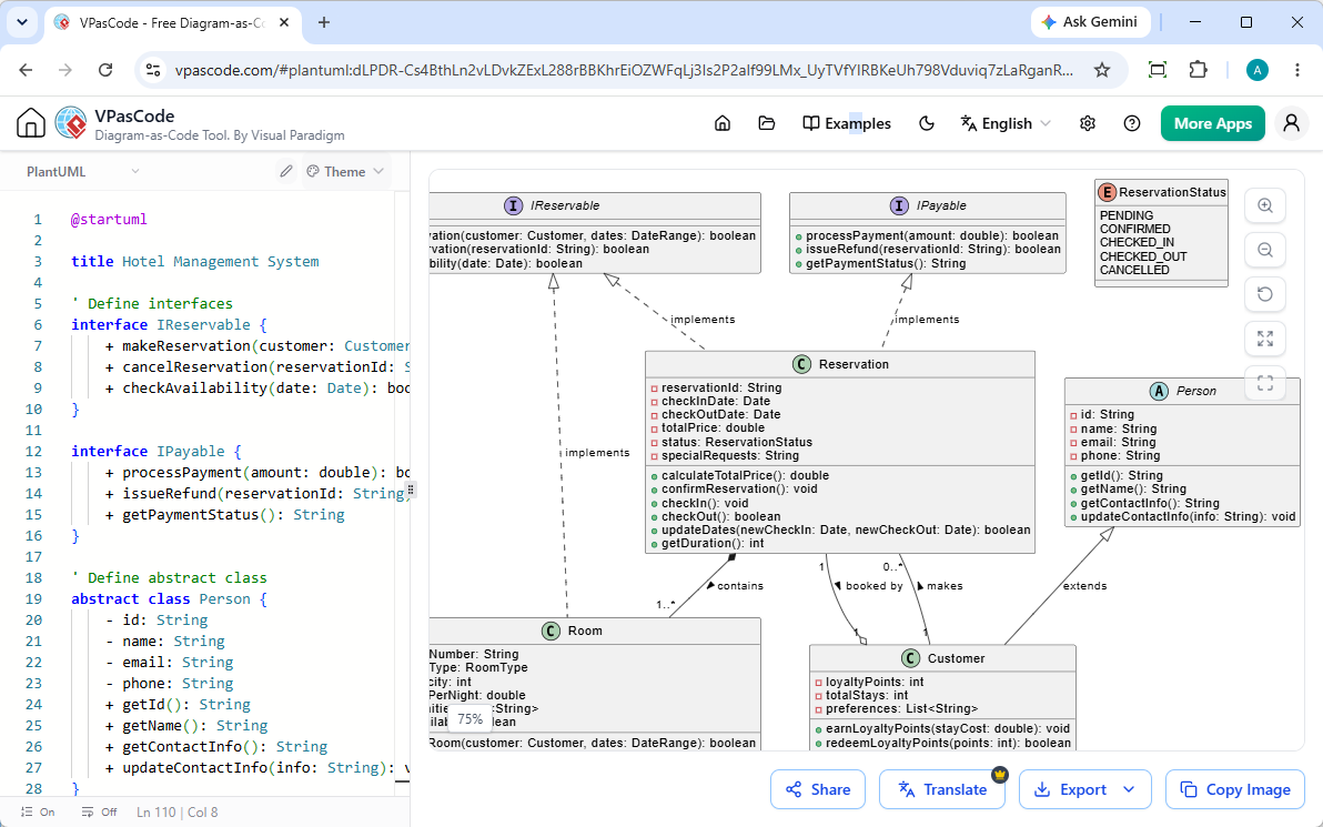 Editing a PlantUML Class Diagram in VPasCode