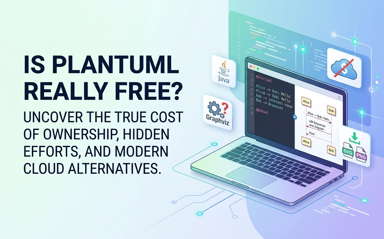 A 16:10 hero banner graphic asking 'IS PLANTUML REALLY FREE?' and subtitle 'UNCOVER THE TRUE COST OF OWNERSHIP, HIDDEN EFFORTS, AND MODERN CLOUD ALTERNATIVES.' A clean technical illustration shows a laptop with code on one screen rendering into a UML diagram on the other. Floating icons include Java, Graphviz with a question mark, a crossed-out free cloud, and SVG/PNG downloads, summarizing the article's message without brand logos.