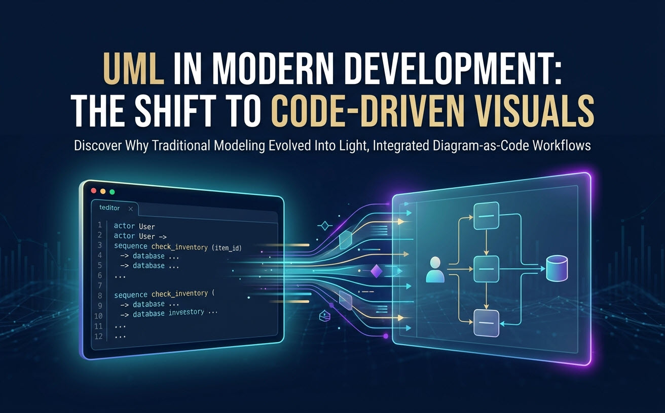 A futuristic interface graphic showing real-time conversion of PlantUML and Mermaid text code into clear visual software architecture diagrams.