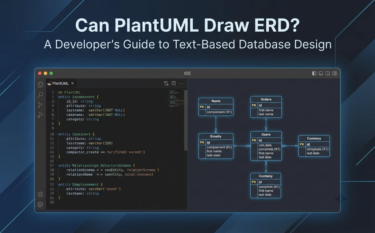 A split screen illustrating the Diagram-as-Code concept, showing PlantUML code generating a database Entity-Relationship Diagram with crow's foot relationships.