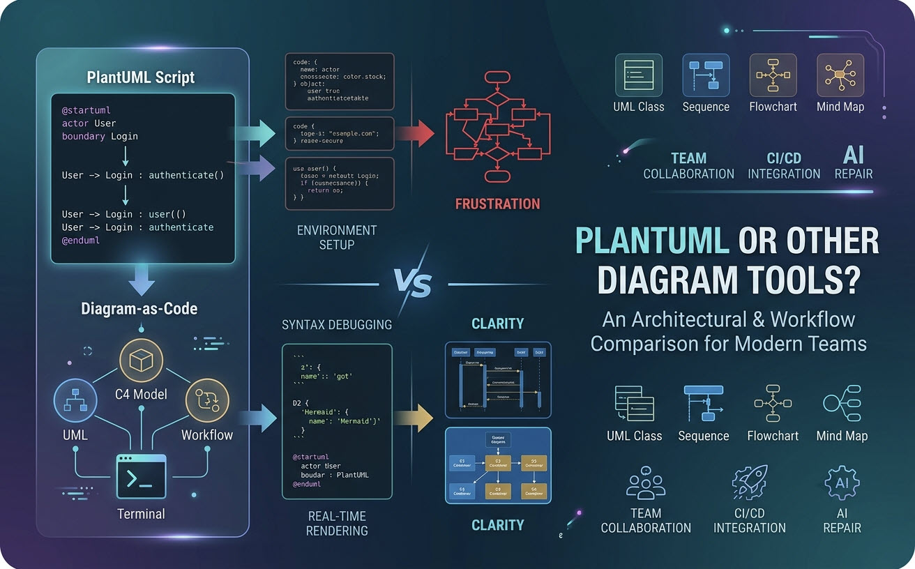 Modern digital infographic banner contrasting a raw PlantUML script code block with a 'Frustration' flowchart, transitioning to modern, clean UML diagrams representing 'Clarity' for architectural and workflow modeling.
