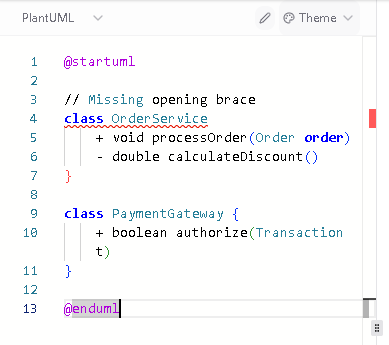 PlantUML syntax error highlighting inside VPasCode text to diagram editor