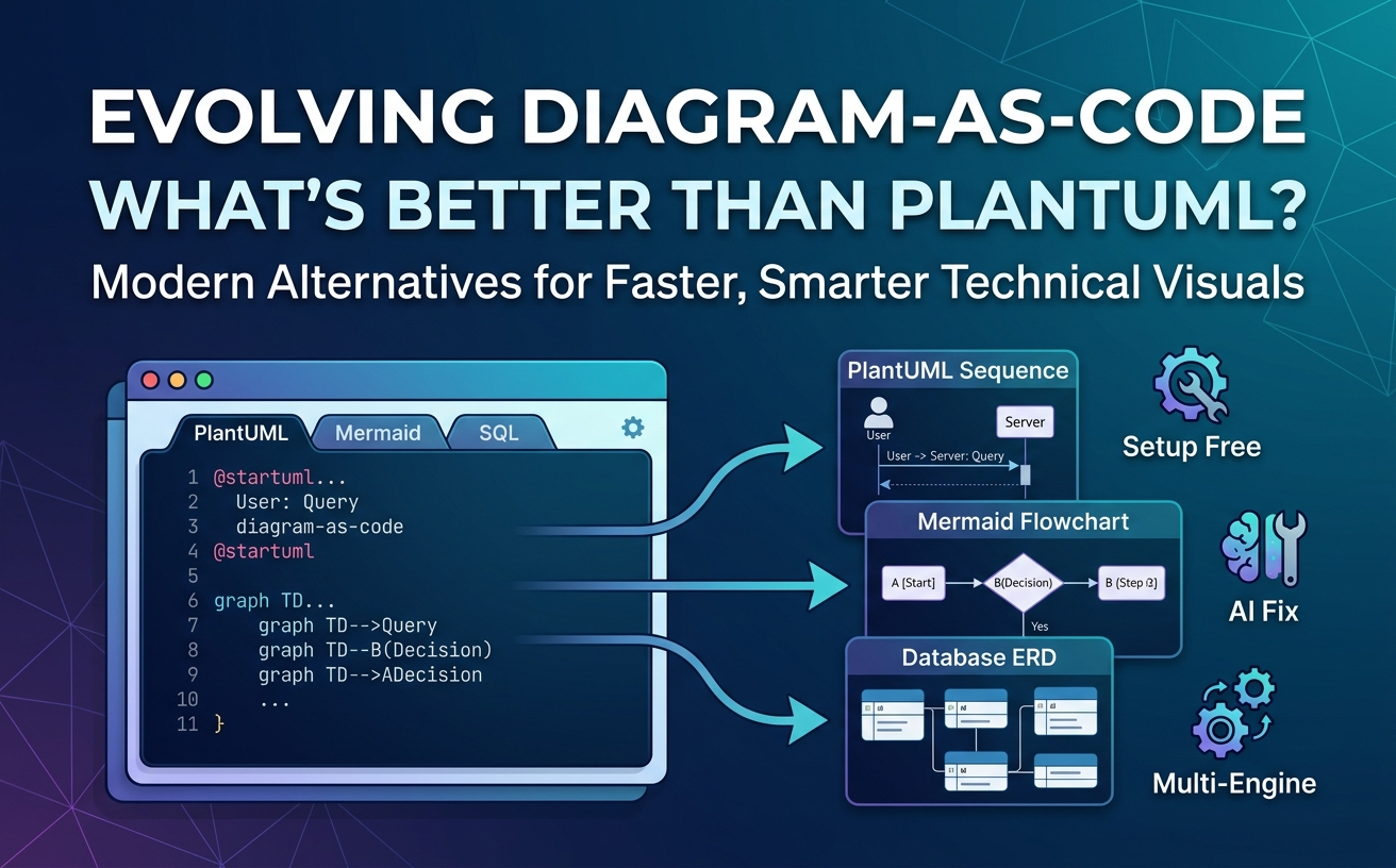 A banner graphic titled "EVOLVING DIAGRAM-AS-CODE" and "WHAT'S BETTER THAN PLANTUML?", visually contrasting a code editor with different outputs and feature icons like "AI Fix" and "Setup Free".