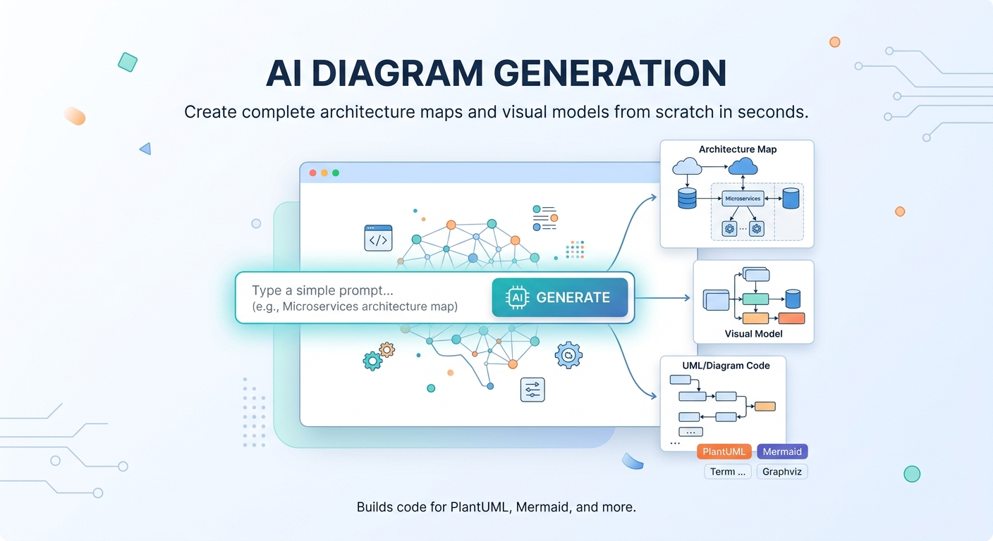 An illustration portraying AI diagram generation in VPasCode, featuring a text prompt box and an AI Generate button to create diagram-as-code models automatically.