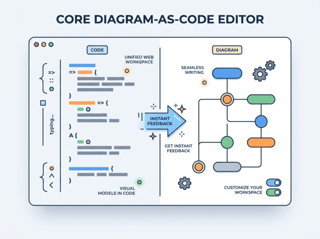 Minimalist illustration of a dual-panel web application. The left panel shows lines of code, pointing an arrow to the right panel which displays an automatically generated flowchart diagram.
