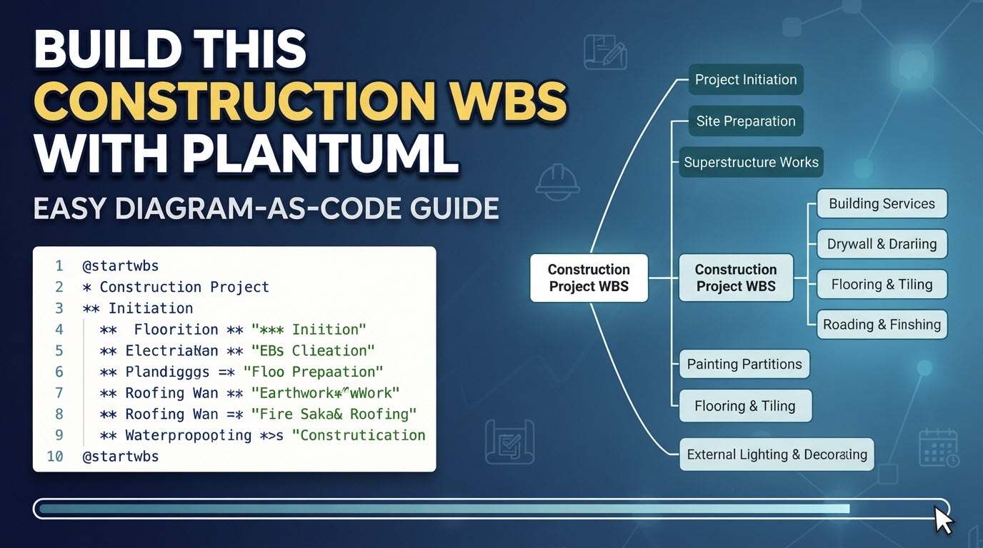 Feature image displaying the text "BUILD THIS CONSTRUCTION WBS WITH PLANTUML", alongside a code snippet and a rendered WBS diagram structure.