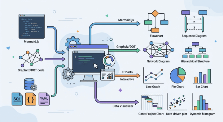 Diagram illustrating how a diagram-as-code tool converts input formats like Mermaid.js, Graphviz/DOT code, and SQL or YAML data into flowcharts, sequence diagrams, network diagrams, line graphs, pie charts, and Gantt charts.