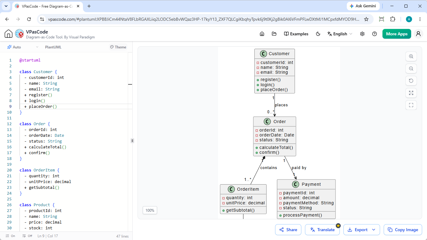 Editing a PlantUML Class Diagram with VPasCode