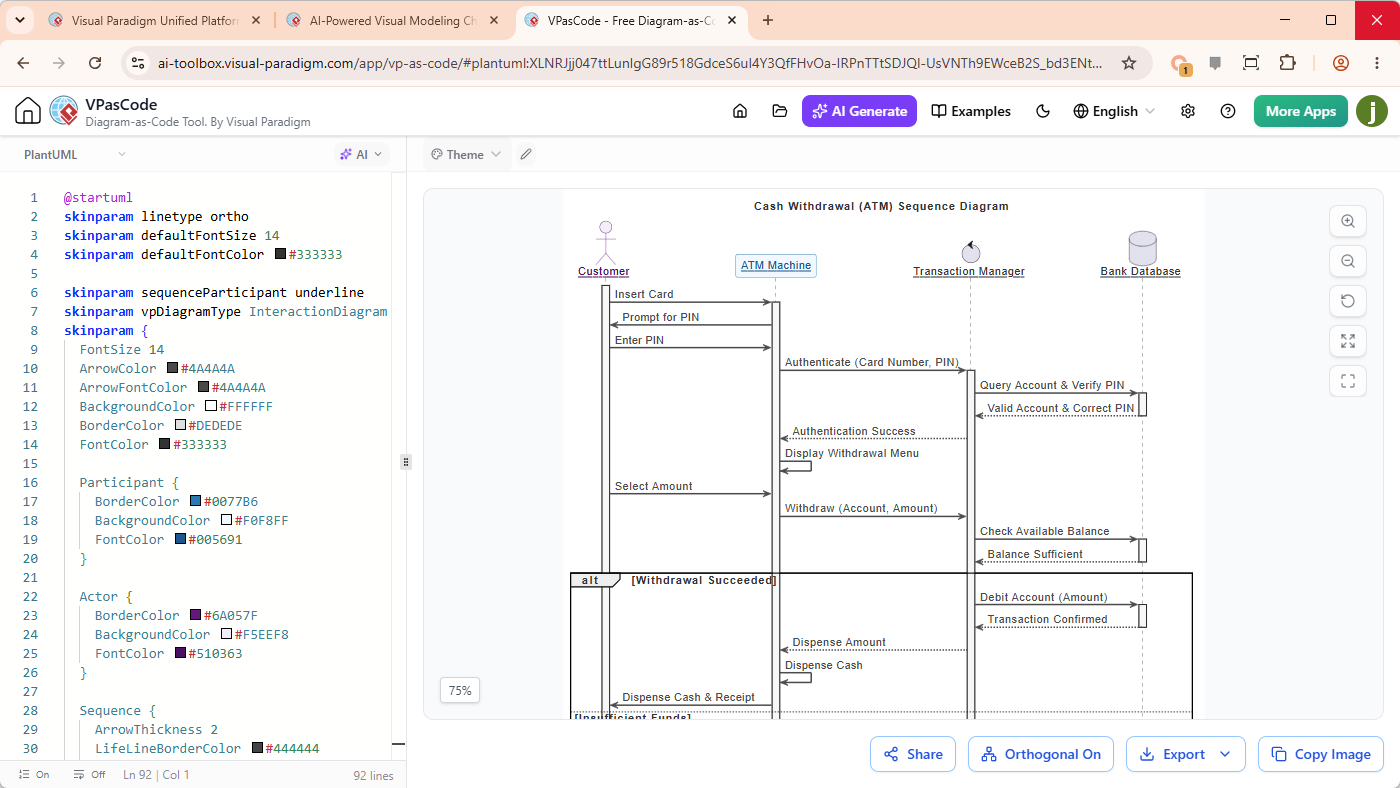 A sequence diagram generated by AI, editable in VPasCode