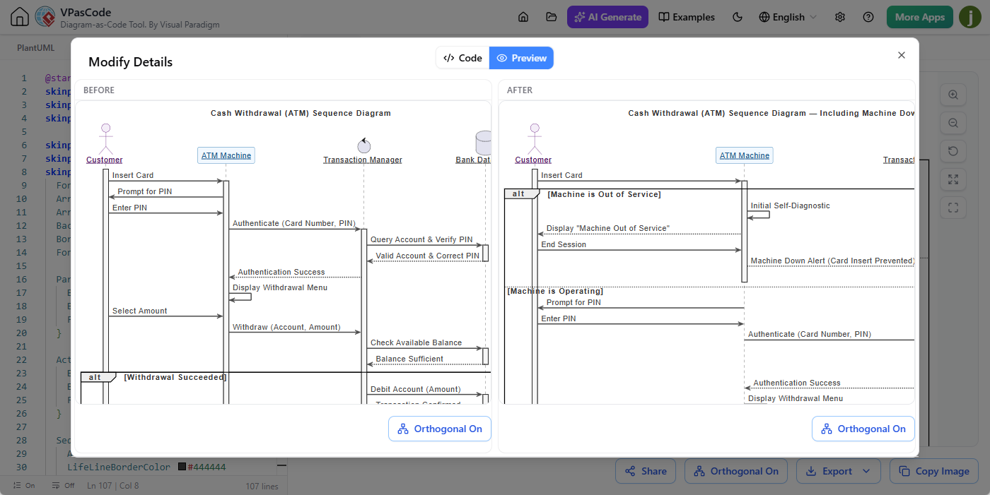 The result of a Sequence Diagram modified by AI, represented as a before and after visual diff.