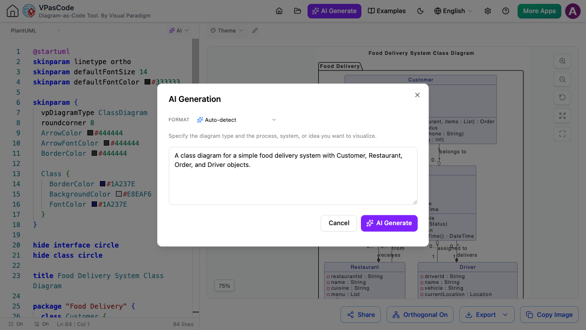 VPasCode AI Generation modal showing a prompt for creating a food delivery system class diagram beside code and live preview panels.
