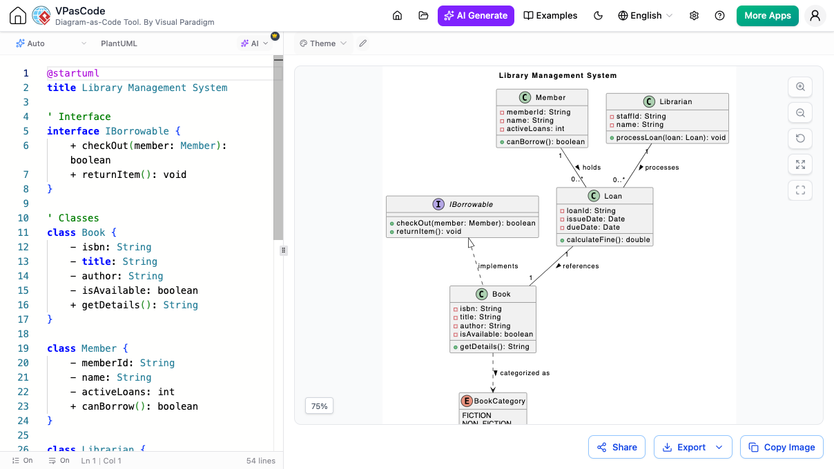 Visual Paradigm VPasCode online text to diagram tool editor interface showing live code and real-time diagram rendering