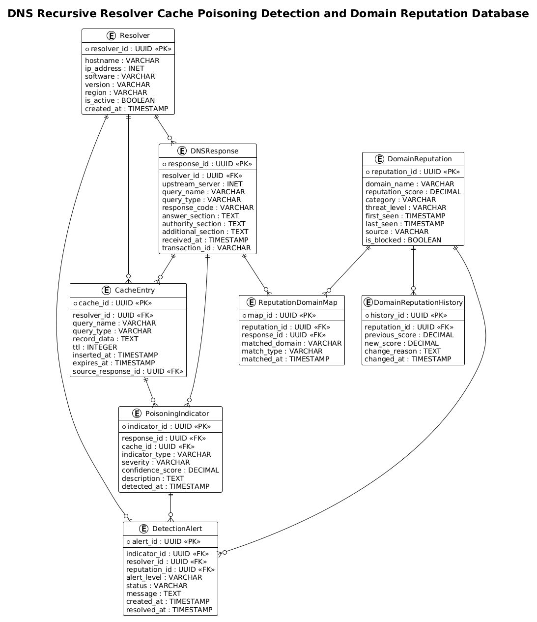 ERD diagram showing relationships between Resolver, CacheEntry, DNSResponse, PoisoningIndicator, and DomainReputation entities for DNS security monitoring.