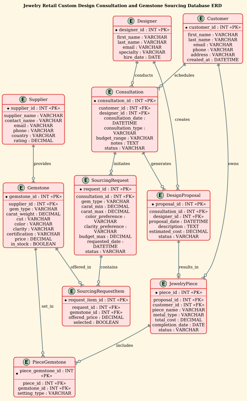 Jewelry Retail Custom Design and Gemstone Sourcing Entity Relationship Diagram showing relationships between Customers, Designers, Consultations, and Gemstones