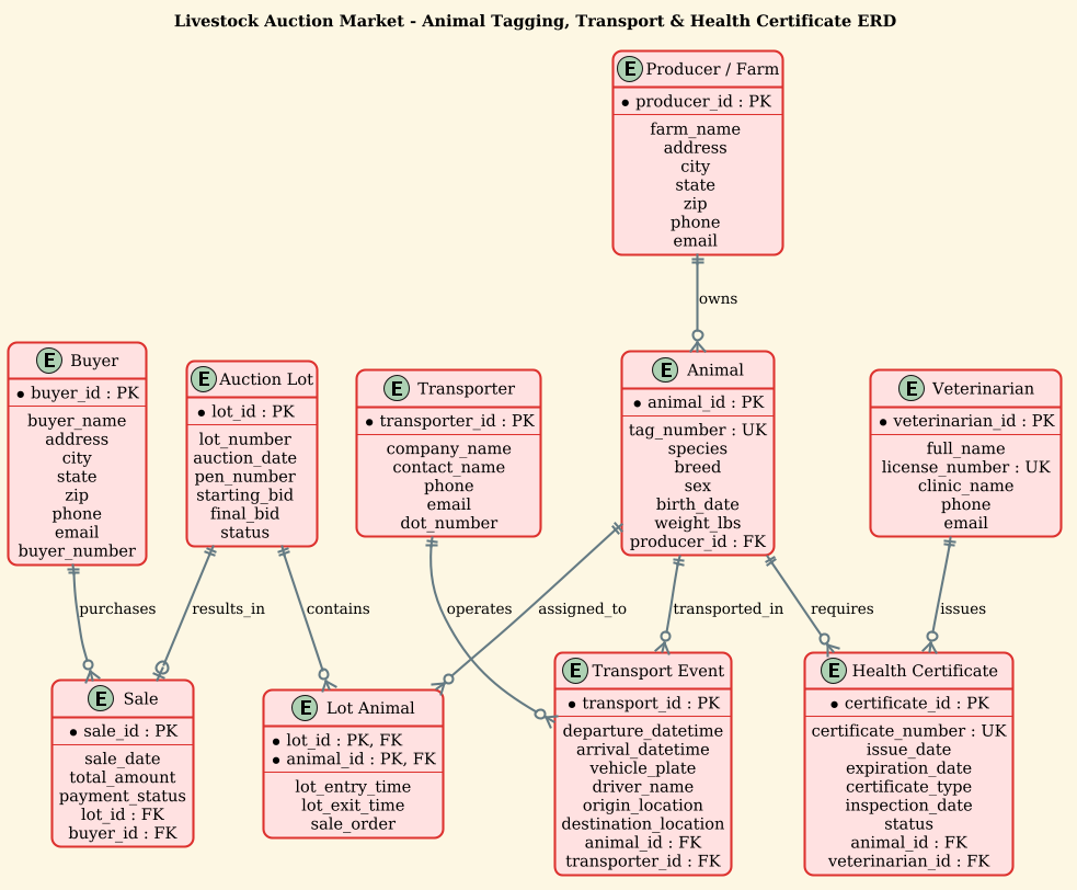 Entity Relationship Diagram for Livestock Auction Market showing Producer, Animal, Auction Lot, Transport Event, and Health Certificate entities Entity Relationship Diagram for Livestock Auction Market showing Producer, Animal, Auction Lot, Transport Event, and Health Certificate entities