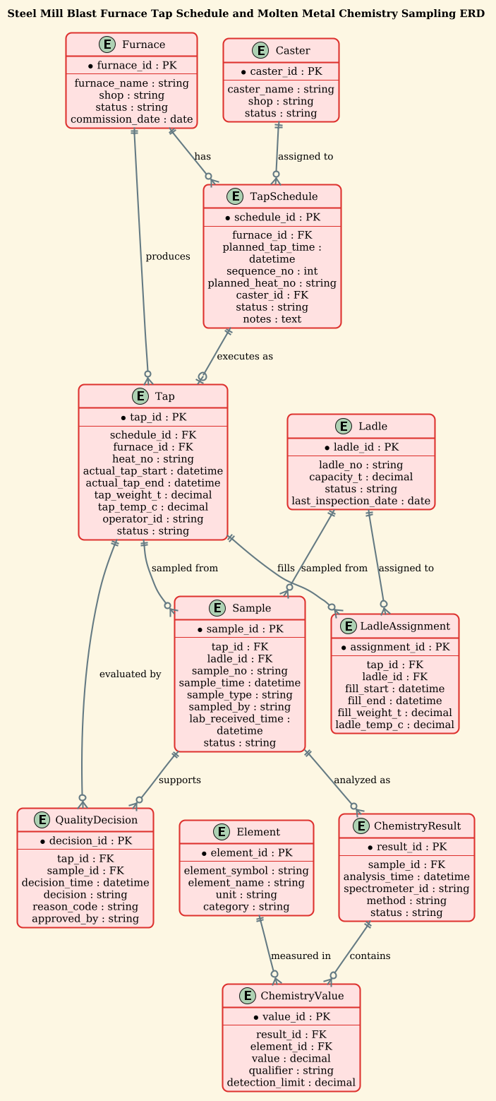 Entity-Relationship Diagram showing relationships between Furnace, Tap Schedule, Tap, Ladle, Sample, and Chemistry Result entities in a manufacturing context Entity-Relationship Diagram showing relationships between Furnace, Tap Schedule, Tap, Ladle, Sample, and Chemistry Result entities in a manufacturing context